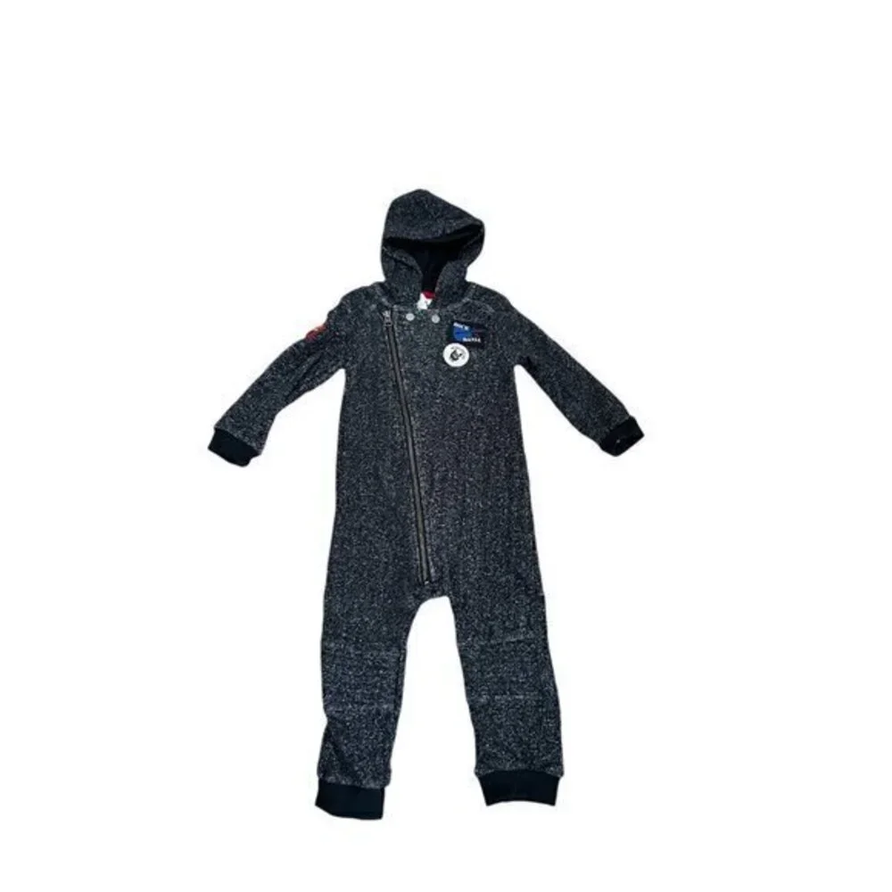 Gray Heather Hooded Baby Onesie With Rock Patches & Asymmetrical Zipper Size 24M